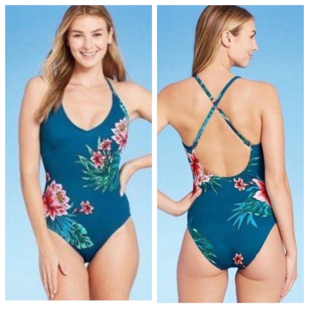 Kona Sol blue floral one piece swimsuit / like new